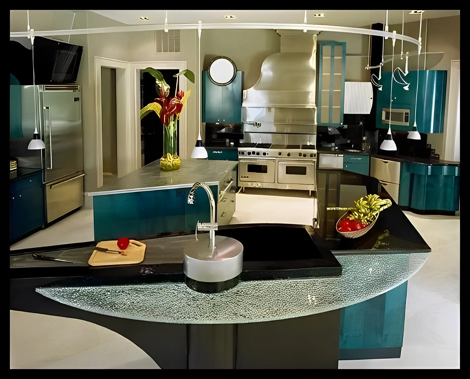Modern kitchen with sleek blue cabinets.