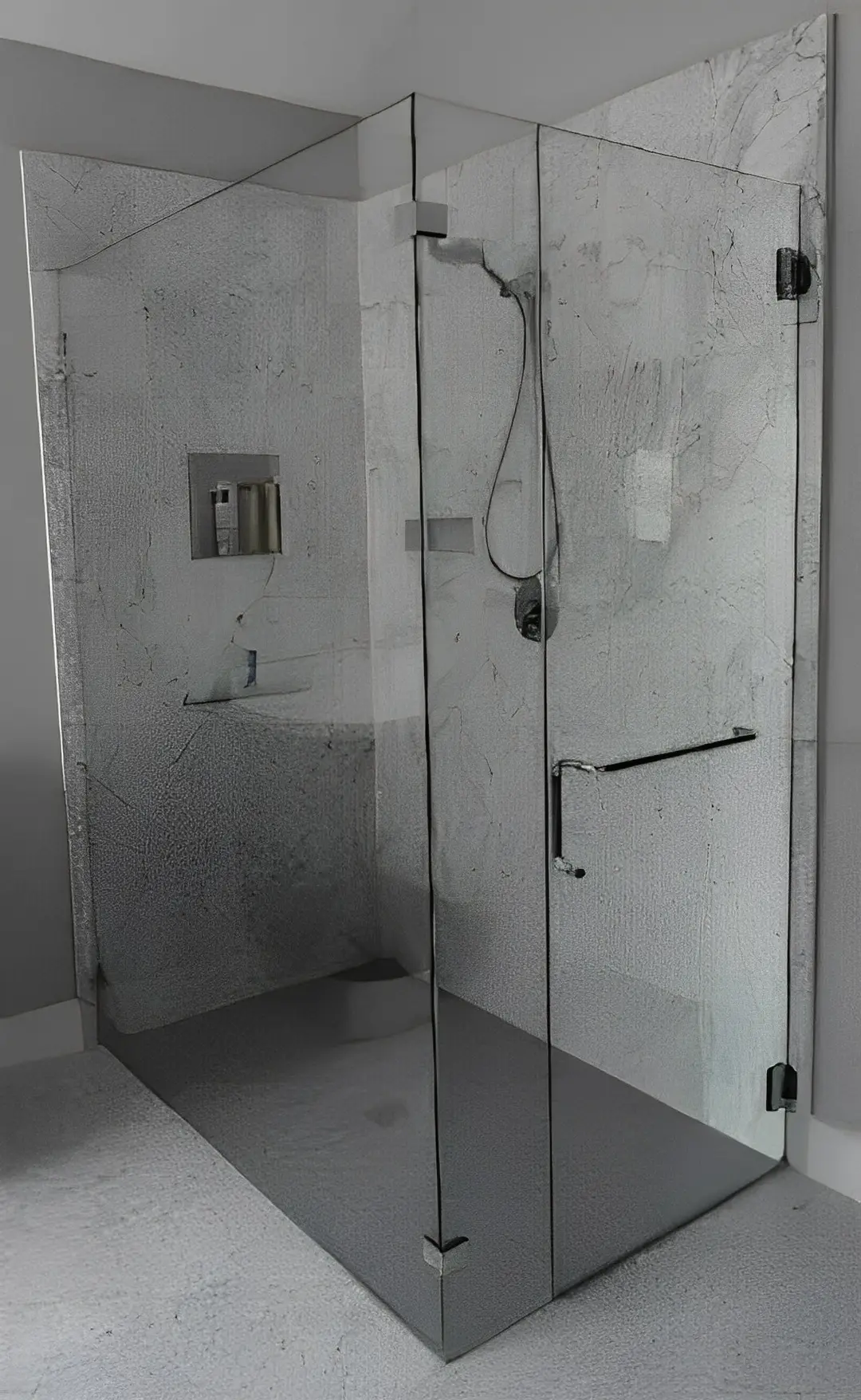 Modern glass shower enclosure with chrome fixtures.